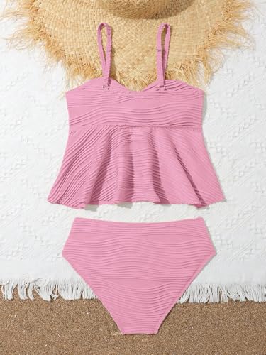 Image of OYOANGLE Girl's 2 Piece Tankini Swimsuit Textured Twist Front Ruched Ruffle Bikini Set Bathing Suits