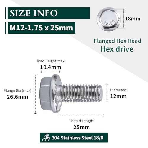 Image of M12-1.75 x 25mm Hex Flange Bolt (1 inch Thread Length), DIN6921, Serrated Locking Flange, 304 Stainless Steel, UNC Full Thread, 8-Pack