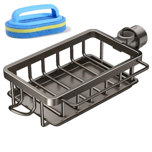 Kitchen Sink Faucet Organizer, Kitchen Caddy Sink Organizer, 2024 New Upgraded Sponge Holder for Kitchen Sink, Sink Caddy Holder with Drip Tray, for 0.7-1.1in (1, Gray)