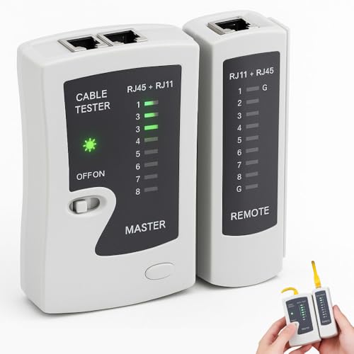 Testador de Cabos RJ45 e RJ11 – Verificador de Conectividade de Rede | Detector de Falhas para Cabos Ethernet e Telefônicos | LED Indicador – Portátil e Fácil de Usar