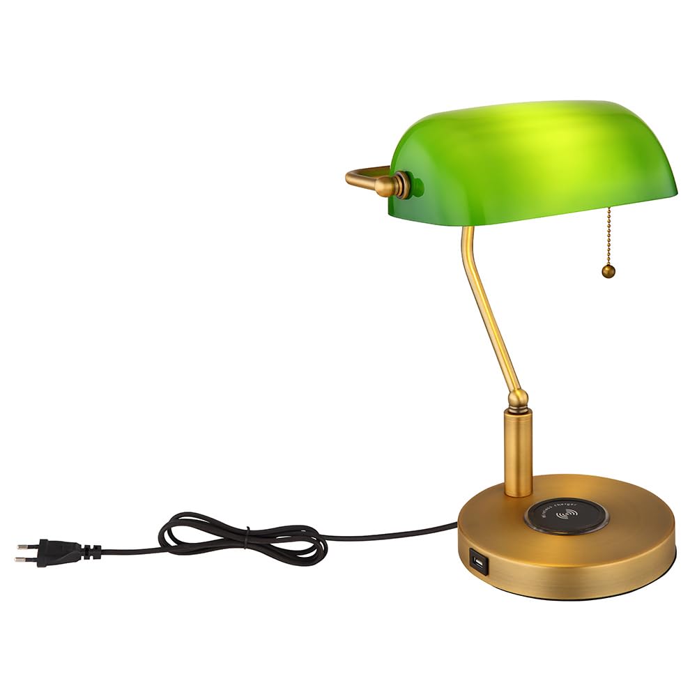 LED Schreibtischleuchte Bankerlampe Tischlampe altmessing Glas grün Leseleuchte, kabelloses Laden USB Anschluss, Zugschalter, 7W 806lm warmweiß, LxH 26,5x36 cm