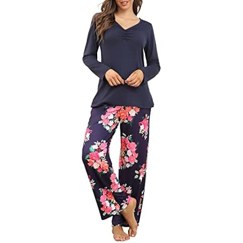 Famulily Ladies Wide Leg Pyjamas Floral Soft Loungewear Winter Pjs Set Cotton Long Sleeve Sleepwear with Pockets Navy M Cover