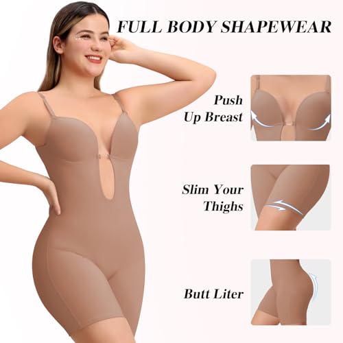 Image of Slimers Backless Shapewear Strapless Bodysuit - Low Back Women Body Shaper : Slimming Built In Bra With Plunge