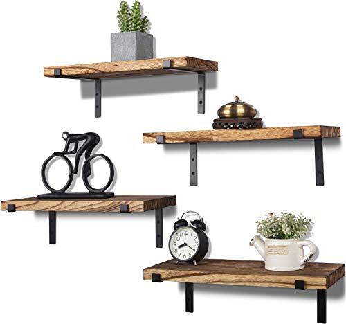 HXSWY Rustic Wood Floating Shelves for Wall, Wooden Wall Shelves for Bedroom, Wall Mounted Shelves for Living Room, Set of 4 Light Brown 16 Inch