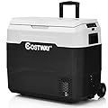 COSTWAY Car Refrigerator with Wheels, 53-Quart Dual-zone Electric Cooler with Telescopic Handle, 12V/24V DC, 100-240V AC, -4°F To 50°F, Portable Fridge Freezer for RV Camping Travel, White+Black
