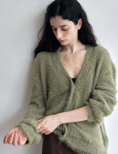 Image of COZYPOIN Womens Fuzzy Cardigan Sweater V Neck Button Down Soft Knit Coat | Loose, Comfy, Slouchy Drop Shoulder, Long Sleeve Fluffy Mohair, Warm, For Daily Work Holiday, Spring Fall Winter Fashion