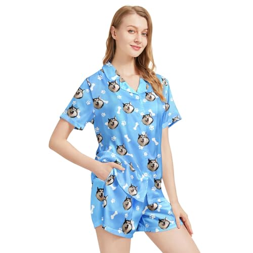 Image of Funny Satin Pajamas Set for Women Button Down Sleepwear Print Pjs Set 2 Piece Short Sleeve Loungewear Gift for Women
