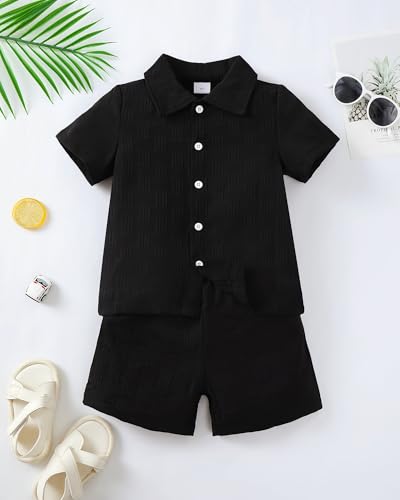 Image of Toddler Boy Clothes Little Kids Summer Outfits Short Sleeve Button Down Shirt Top Shorts Set 2 PCS Boy's Clothing