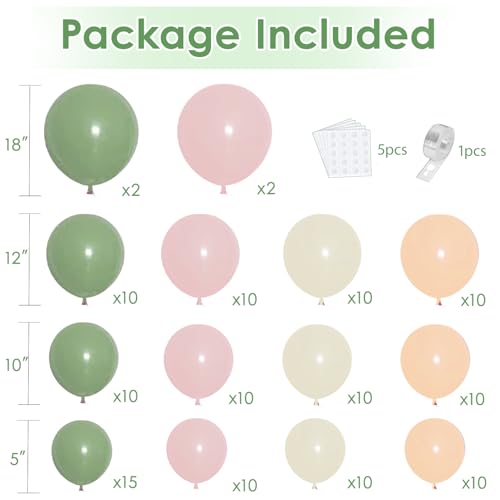 Image of Blocesa Pink Green White Sand Balloons Arch Kit, Latex, Party Decor | Sage Green, Pastel Pink, Sand White, Light Orange Balloons In Mixed Sizes. for Neutral Wedding, Birthday, Bridal Shower.