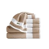 Lacoste Sport Stripe 6-teiliges Luxus-Baumwollhandtuch-Set - Hergestellt aus 100% weicher Supima-Baumwolle, saugfähig & schnelltrocknend, inklusive 2 Badetücher, 2 Handtücher, 2 Waschlappen, Sand