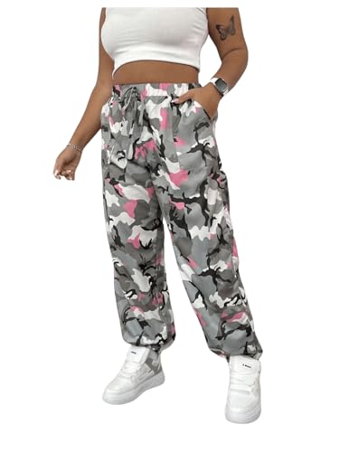 Floerns Women's Plus Size Camo Print Drawstring Waist Cargo Pants Athletic Jogger Grey X-Large Plus