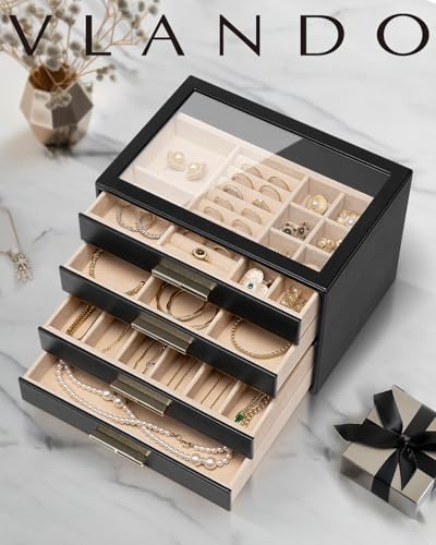 Vlando 4 Layer Jewelry Box for Women, Glass Lid Jewelry Organizer with 4 Drawers for Necklaces Rings Earrings Bracelets - Black - Thumbnail 6