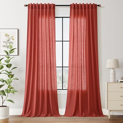 Image of Christmas Red Linen Curtains 102 Inches Long for Living Room Light Filtering Semi Sheer Curtain Back Tab Vintage Rustic Luxury Home Decor Floor to Ceiling Neutral Drapes for Bedroom 52x102, 2 Panels
