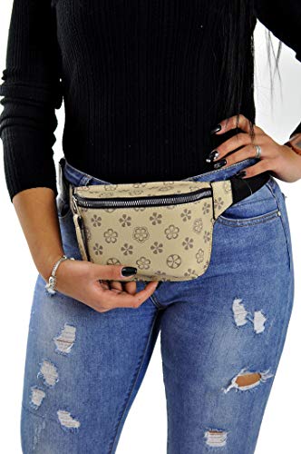 Donna Marsupio PELLE borsa bacino viaggio Casual girovita vita fantasia floreale fiori beige marrone (colore 1)