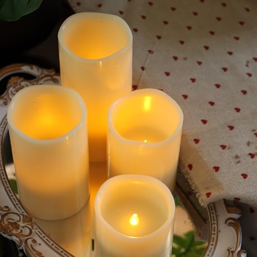 Image of CANDLE CHOICE Real Wax Battery Operated Flameless Candles with Remote Automatic Daily Cycle Timers Realistic Flickering Electric LED Pillars Wedding Party Halloween Christmas Decorations 4 Pack Ivory