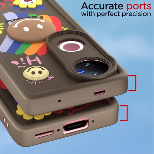 Image of Pikkme Back Cover for Vivo Vivo T4R 5G / iQOO Z10R 5G / Vivo V50 5G / V50e 5G | Soft Silicone| Cute Rainbow Smile & 3D Cartoon Flower Design | Shockproof Raised Camera Protection Bumper Case (Brown)