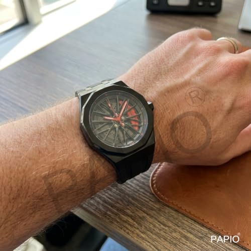 Image of PAPIO Men's Sports Analog Watch with Wheel Design Dial | Metal Case | Silicone Strap | Stylish Casual Watch for Men
