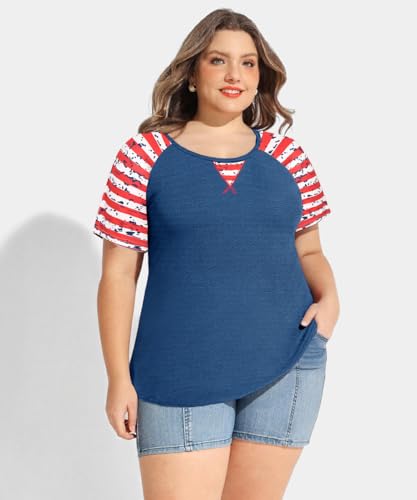Image of CARCOS Plus Size Tops for Women Short Sleeve Shirt Summer Star /Leopard /Tie Dye /Flower Crewneck Pullover Tunic XL-5XL
