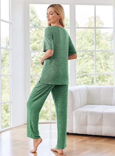 Image of Ekouaer Womens Ribbed Knit Lounge Set Short Sleeve Top and Long Pants Sleepwear Pajama Set Two Piece Matching Outfits Set