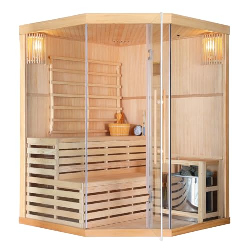 Sanotechnik sauna finlandese TALLINN per 3 persone, forno per sauna con pietre per sauna, 2 lampade, vetro di sicurezza, ventilazione, vaso con creatore, termometro e clessidra, dimensioni: 150 x 150