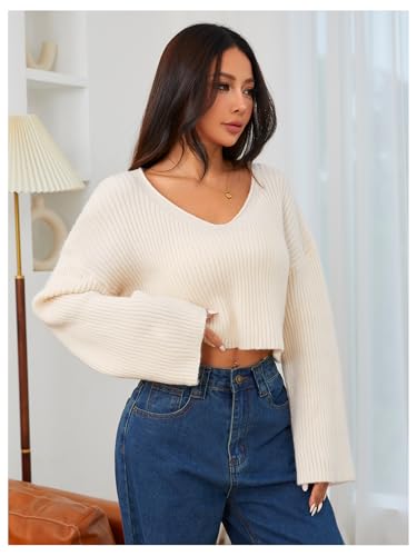 MakeMeChic Women's Cream Cropped Sweater Knit Crop Top Sweater V Neck Drop Shoulder Long Sleeve Pullover4