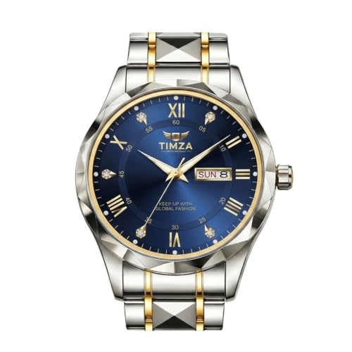 Image of Men's Analog Quartz Watch with Blue Dial, Two Tone Stainless Steel Strap, Date Display, Luminous Hands and Water Resistant Design