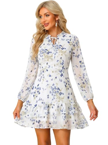 Image of Allegra K Women's Spring Dresses 2026 Tie V Neck Semi Sheer Long Sleeve Layered Tiered Chiffon Mini Floral Dress
