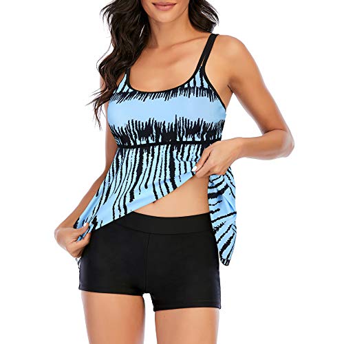 Zando Womens Tankini Swimsuits for Women 2024 Womens Swimsuits Tummy Control Bathing Suit for Women over 50 Two Piece Swimsuit Bathing Suit Tops with Shorts Swimwear E Sky Blue Pattern Large