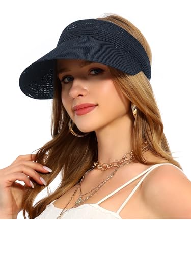 Womens Beach Straw Sun Visor Hat Ponytail Hole UV Protection Wide Brim Summer Cap Packable for Travel UPF 50+(Navy)