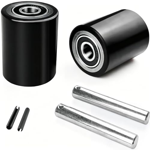 Image of Pair of Pallet Jack Load Wheels Replacement Kit with PU Tread Wheel 3 x 3.75 inch,Pre-Installed Bearings ID 20mm,Axles(Length 4.8 inch) and Pins,also for Manual Hand Lift Truck Rear (1, Black)