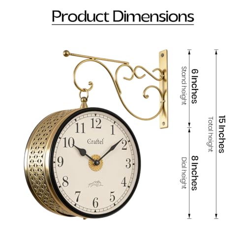 Image of CRAFTEL Double Sided Station Wall Clock Multi-Layer Electroplated | Both Side Numerals | Handcrafted Brass Body Aluminum Dial | Dial - 8 Inches, Shiny Gold | 365 Days Warranty