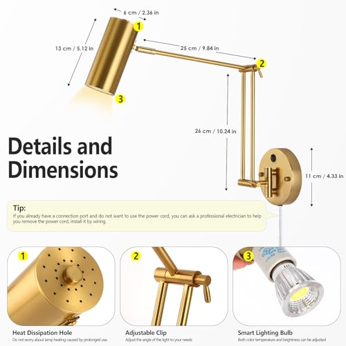 Image of Swing Arm Wall Lamps, Plug in Wall Sconces with 1.8m Power Cord, Wall Sconces Wall Mounted Lights with Remote Control for Reading, Sewing, Carving and Painting