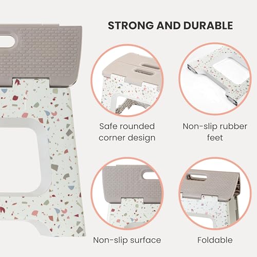 Image of Vigar Compact Folding Step Stool, 12-1 /2 Inch, Terrazzo | For Adults, Lightweight Portable Stool with Handle, Non Slip, Space-Saving, up to 330 lb