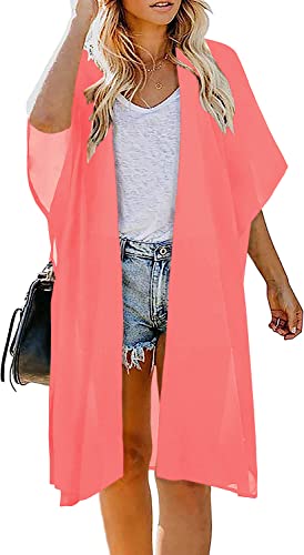 Image of Indian Trendy Women's Solid Puff Sleeve Kimono Long Cardigan Loose Cover Up Casual Blouse Top Chiffon