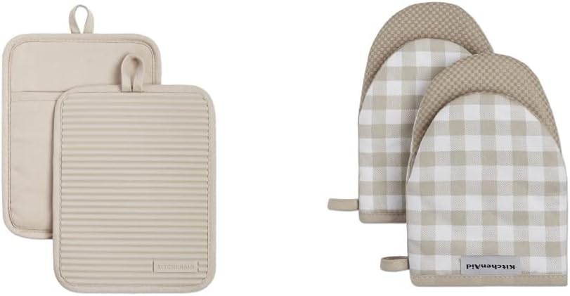 KitchenAid Ribbed Soft Silicone Water Resistant Pot Holder Set, Milkshake (2 Piece Set, 7"x9") and KitchenAid Gingham Mini Oven Mitt 2-Pack Set, Milkshake Tan (5.5"x8")