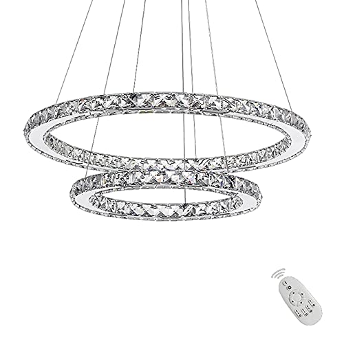 UISEBRT 48W Lampada a Sospensione Moderna Cristallo - Lampadario Creativo Regolabile in Altezza Lampada da Soffitto Due anelli Cucina Salotto Camera da letto, Dimmerabile