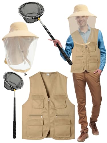 Yoloodayy 3 Pcs Halloween Butterfly Catcher Costume Include Fishing Vest Sun Hat Butterflies Net for Halloween Party Adult Men Monarch Butterfly Bee Ladybug Fish Catcher Cosplay