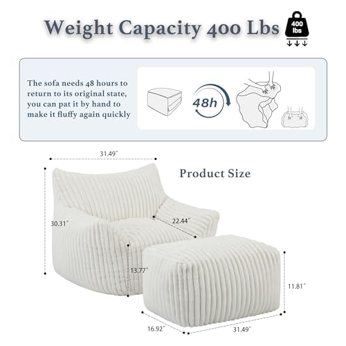 Oversized Bean Bag Chaise Lounge Chair Indoor for Adults with Armrests & Ottoman - Giant Comfy Beige Beanbag Lazy Floor Sofa Cloud Accent Chair for Reading, Gaming, Cozy Fluffy Cloud Mini Couch