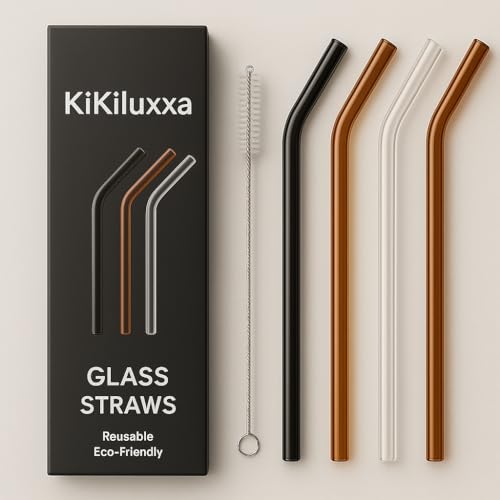 Image of KiKiluxxa Glass Straws with Cleaning Brush -4 Multicolour Straws & 1 Cleaner - Pack of 5pcs- Clear Reusable, Elegant Alternate to for Drinking Juice, Smoothie Black - Brown - White - Blue (CW4+1)