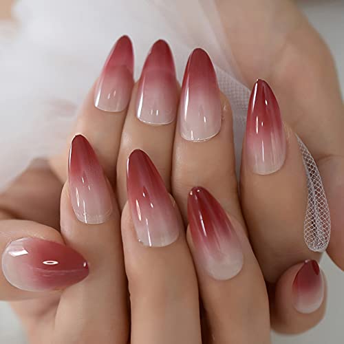 Coolnail Red Ombre Press on Nails Gradient UV Finish Design Medium Long Almond Shape False Fake Nail Pointed Reusable Nail Kit for Women