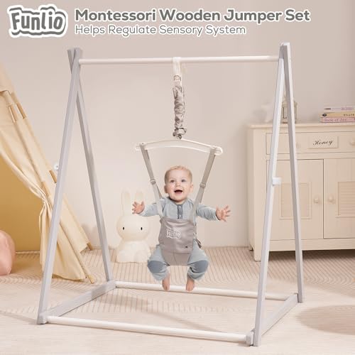Image of FUNLIO Montessori Wooden Baby Jumper with Stand for 6-36 Months, Adjustable Baby Bouncer for Indoor /Outdoor Play, Foldable Toddler Jumper for Baby Girl /Boy, Easy to Assemble & Store - Grey