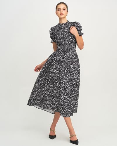 Image of RIHOAS Plaid Gingham Midi Dress Short Sleeve Smocked Dresses for Women | Cotton,Ruffle Puff Sleeves,Vintage Brown,Spring Summer Casual Daily,Picnic,Travel,Vacation,Christmas Festive Occasions