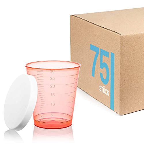 Tuuters 75 bicchieri per medicinali, 30 ml, infrangibili, bicchieri per liquori, bicchieri medicinali (rosso + coperchio)