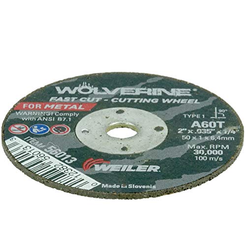 Image of Weiler 56013 2-Inch Cutting Wheel, Wolverine AO Steel /Metal Fast Cut, Value Cutting, 0.035 inch A60T Type 1 1 /4 inch Arbor (Pack of 100)