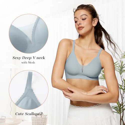 Image of OEAK Womens Comfortable Bras Wireless Bras Push Up Bralettes Scalloped Mesh Bras Seamless Tshirts Bras Deep V Everyday Bras