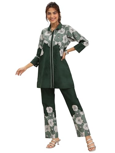 Image of Libas Green Printed Cotton Co ords set for Women | daily wear | casual wear | office wear