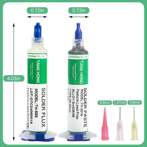 TANG HONG Soldering Kit,10CC No Clean Solder Flux (1 PACK), Sn42%/Bi58% Solder Paste,138℃ Lead Free Solder Paste 30g (1 Pack), 4.9 Ft Desoldering Wick Braid Remover Solder(1 Pack)