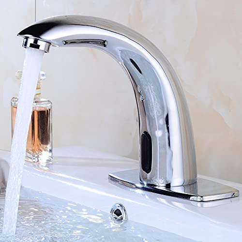 Fyeer Automatic Touchless Sensor Bathroom Faucet, Motion Activated Hands Free Kitchen Sink Tap with Hole Cover Deck Plate, Battery Operated, Chrome Finish, Lead Free, Hot and Cold Mixer