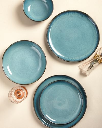 Image of 24 Pieces Dinnerware Set for 6 with Pasta Bowls, Complete Ceramic Dish Set, Stackable & Glossy Stoneware Plate and Bowl Set for Effortless Everyday Hosting, Green Black