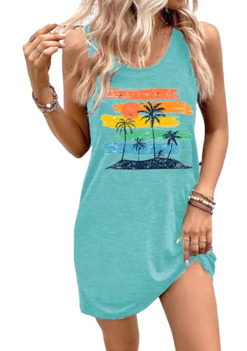 Image of Summer Tank Dress for Women Sunset Palm Tree Beach Vacation Cover Up